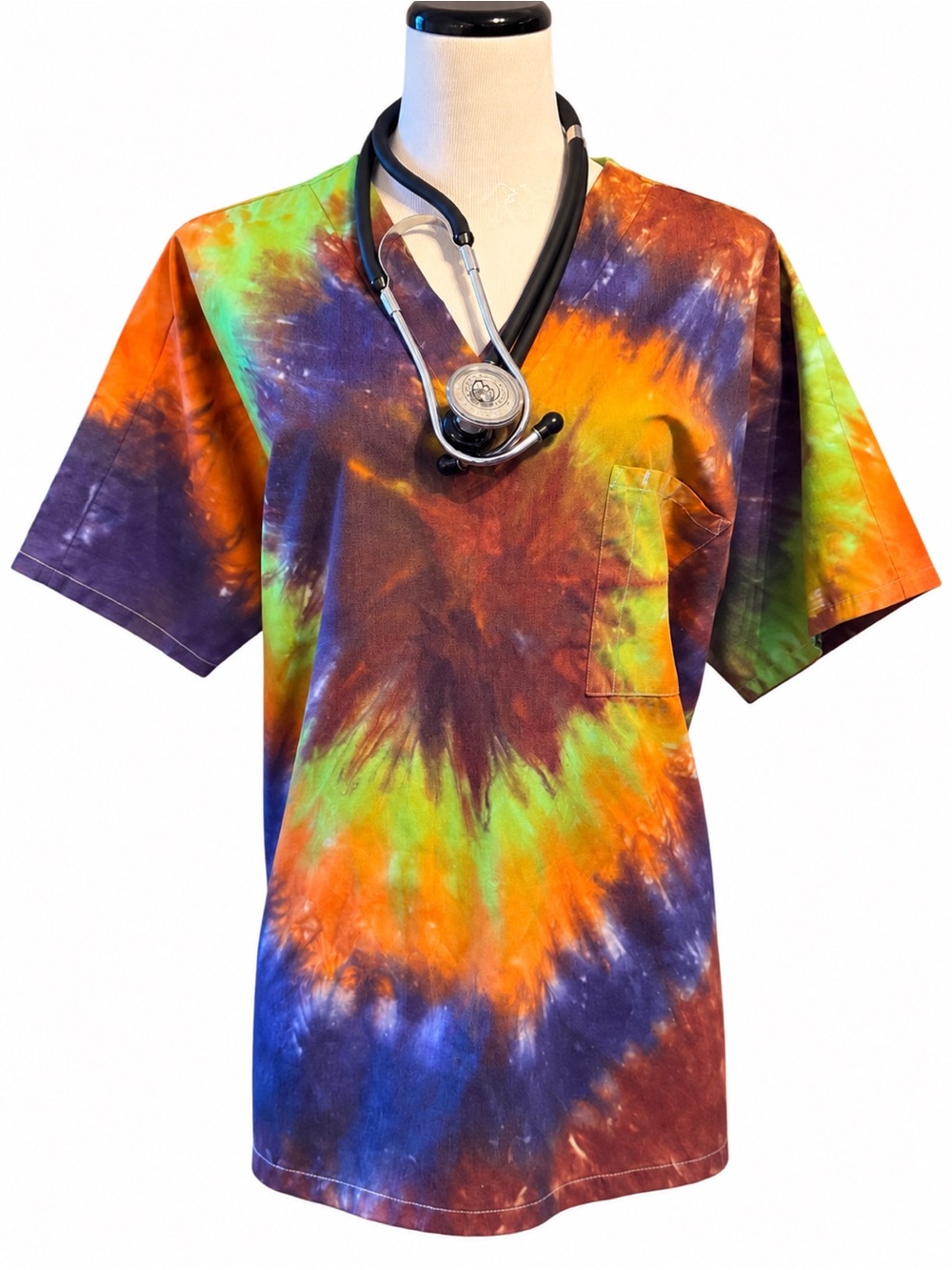 2xl Cherokee Tie-Dye Scrub Top - Orange, Green, Brown and Navy